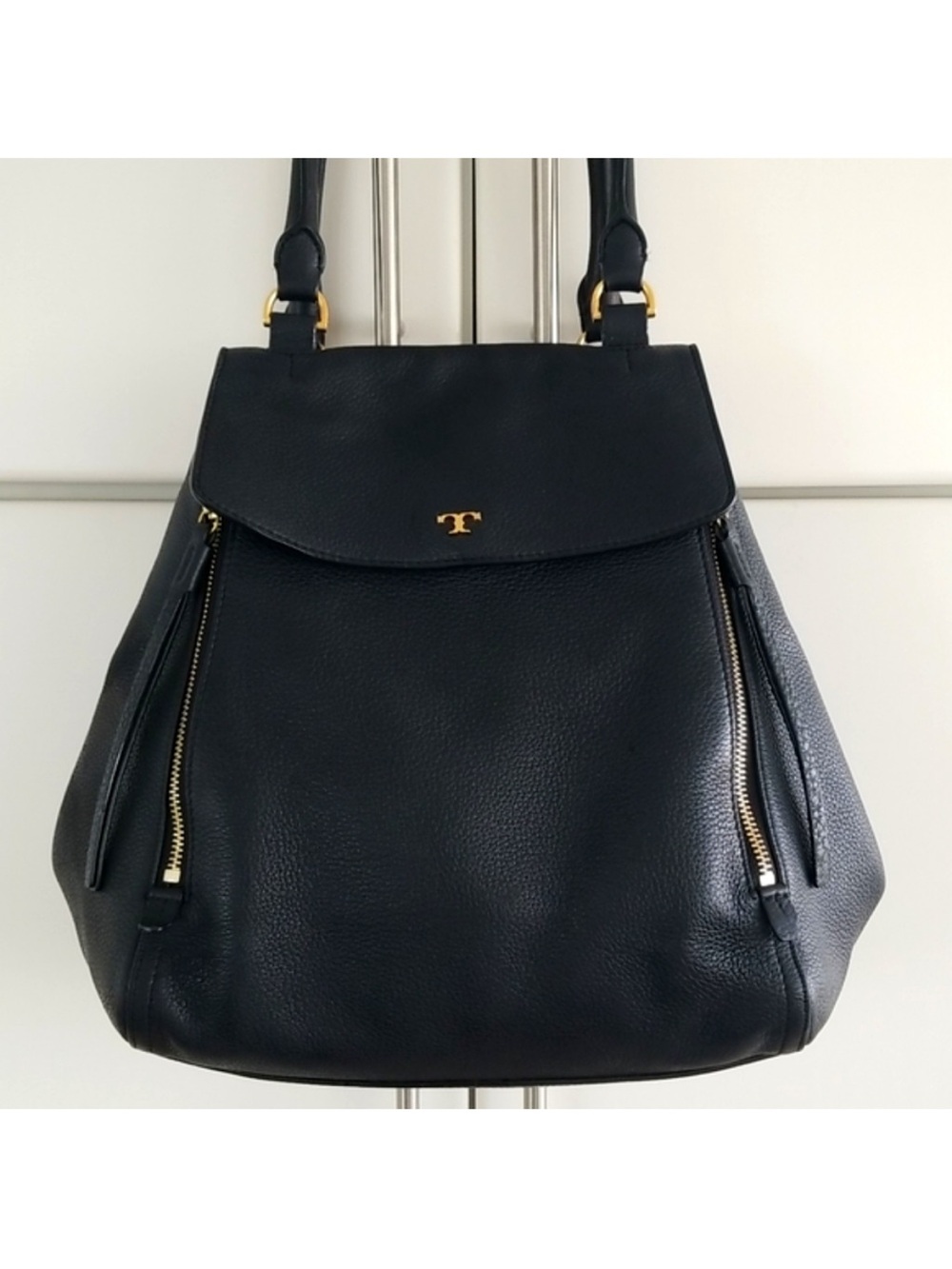 Tory Burch Black half moon Leather satchel tote Bag with Gold Hardware